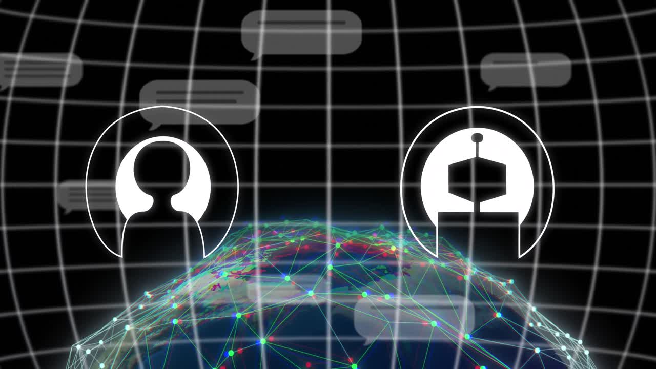 지구와 어두운 배경 위의 데이터 처리 및 아이콘의 애니메이션