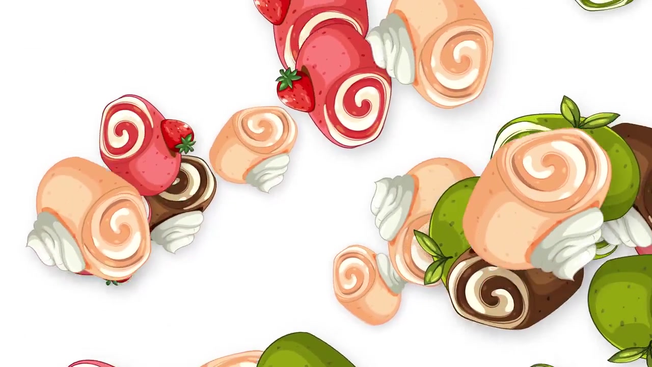 Dolci assortiti e fragole volano su uno sfondo bianco in un'animazione giocosa