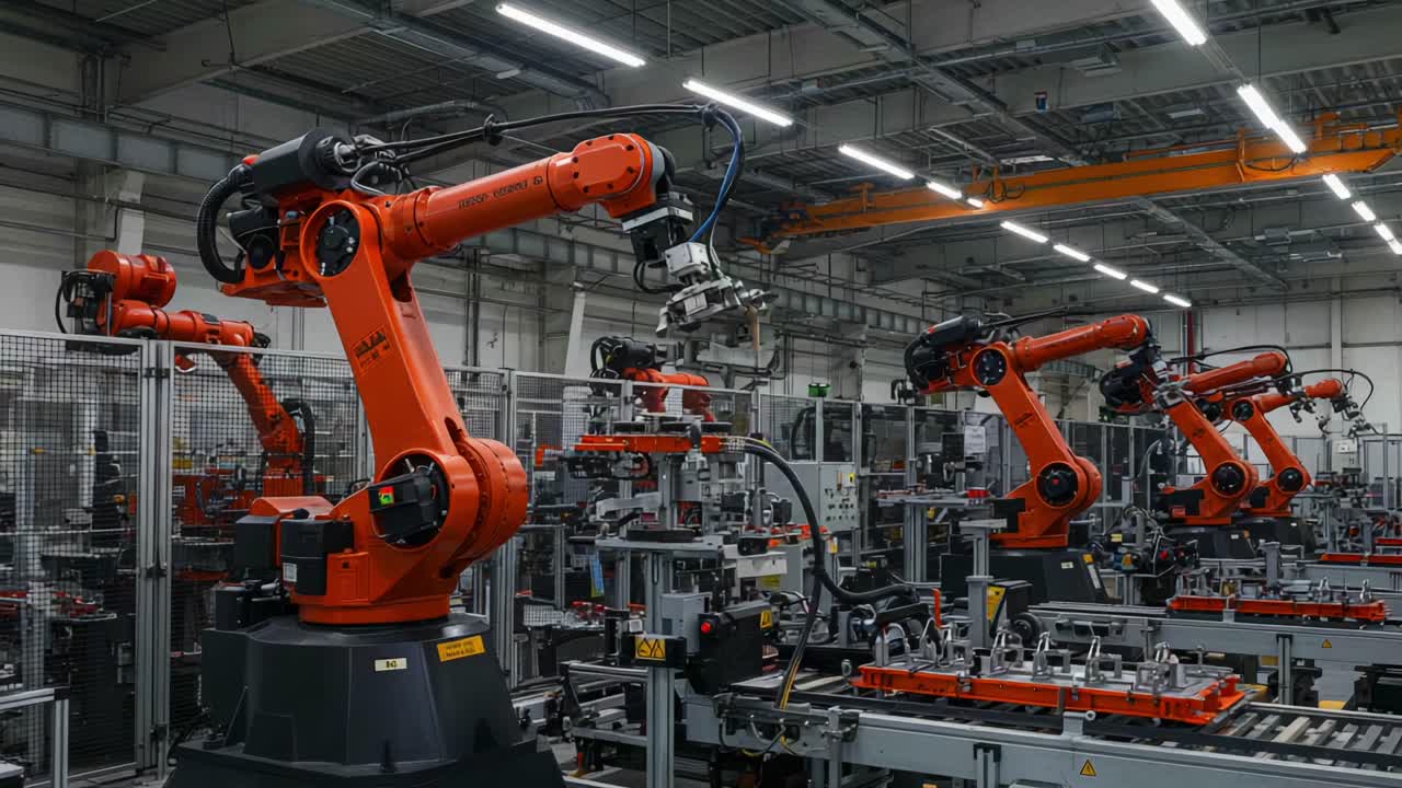 Advanced Robotic Automation in Manufacturing: A Look at High-Tech Robotic Arms Working Seamlessly Together in a Modern Industrial Factory Setting
