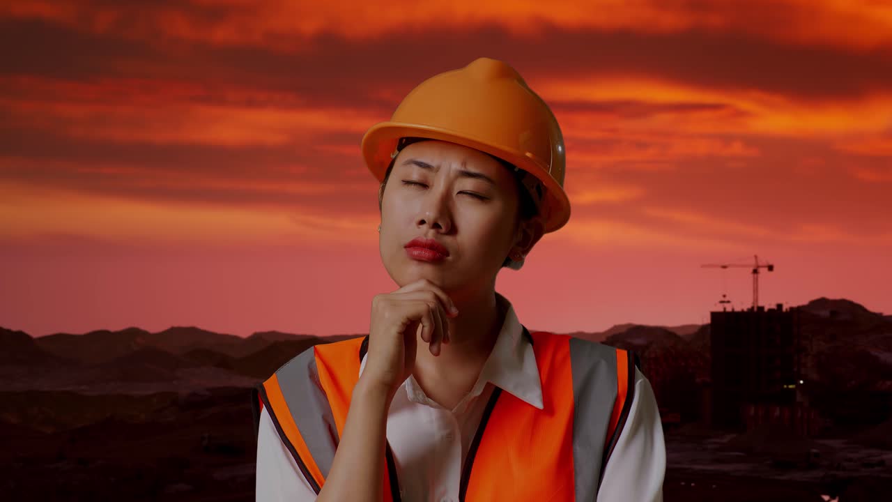 ingeniero reflexionando sobre la puesta de sol en el sitio de construcción