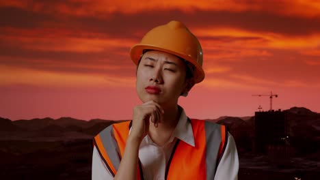 ingeniero reflexionando sobre la puesta de sol en el sitio de construcción