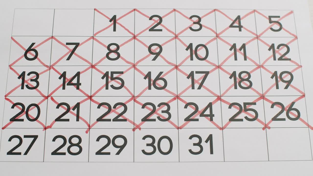calendario 26,27,28,29,30,31o fecha del mes tachada. días en un calendario