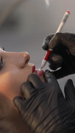 a closeup view of a beauty expert meticulously applying lip makeup to enhance the appearance of a clients lips