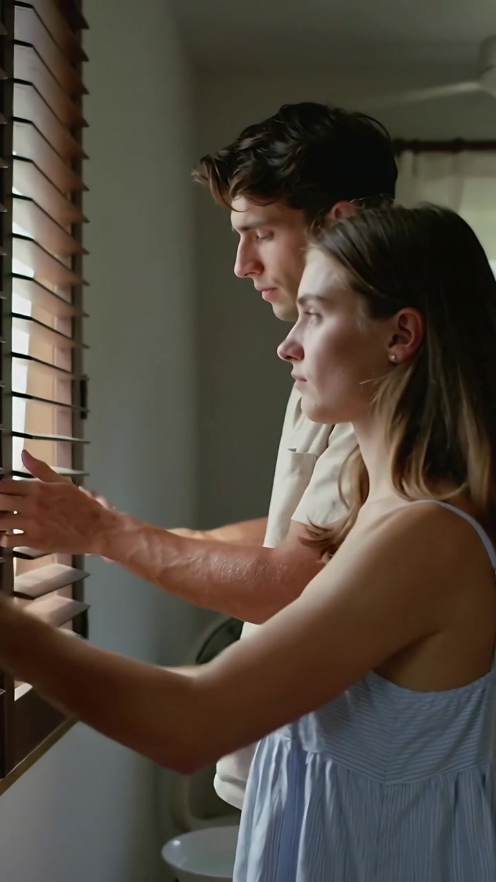 Vídeo vertical: Casal de vestido e polo alcançando as ripas, inclinando persianas em casa, deixando a luz entrar e olhando para fora