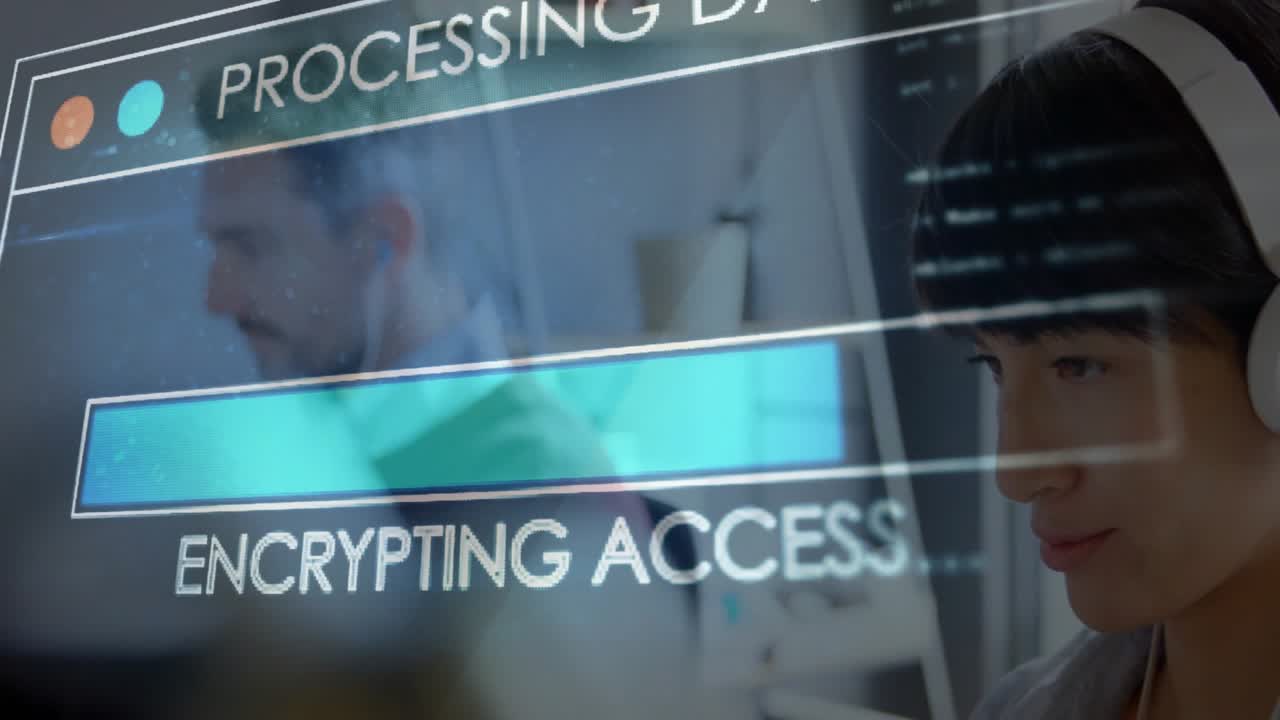 Animation of data processing over diverse colleagues working in office