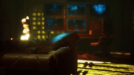 Cozy dim room with a welcoming couch and colorful screens