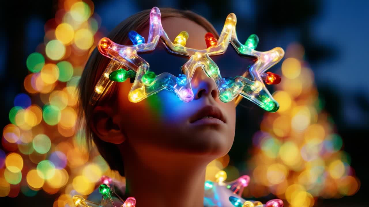 A young person wearing colorful star-shaped glasses adorned with lights, standing in front of beautifully illuminated trees, capturing the essence of a festive celebration under the night sky