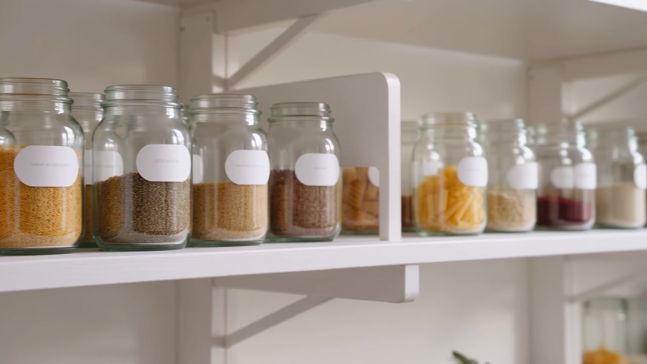 Scaffale della dispensa con barattoli etichettati, file di contenitori di vetro trasparente contenenti spezie, cereali, pasta e legumi.