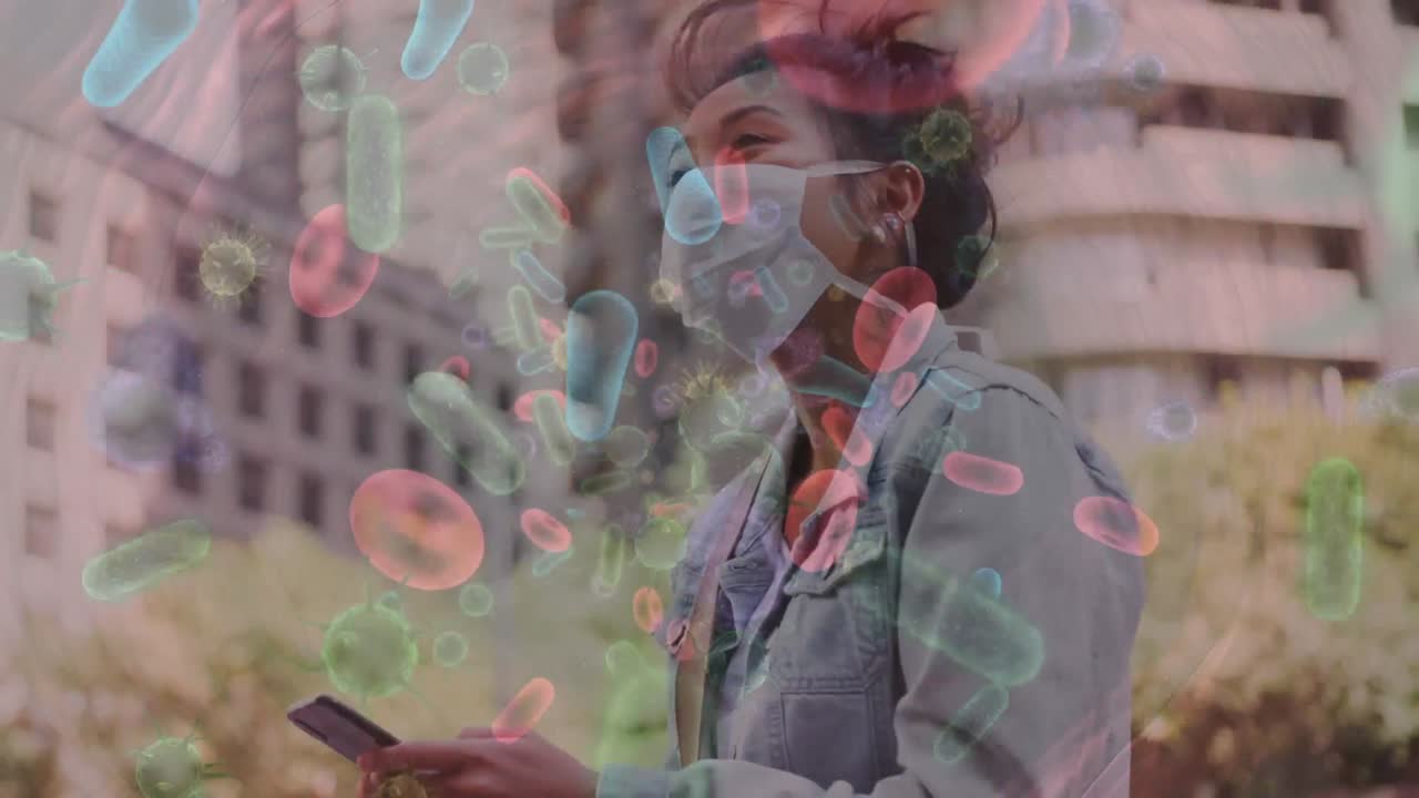 animación de células de covid-19 que se mueven sobre una mujer con máscara facial