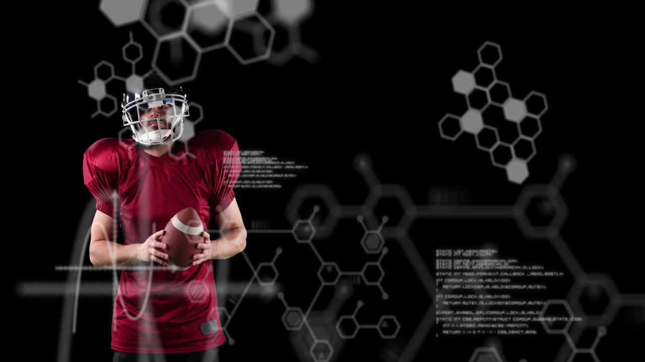 Animazione di strutture chimiche su un giocatore di football americano maschio con il pallone.