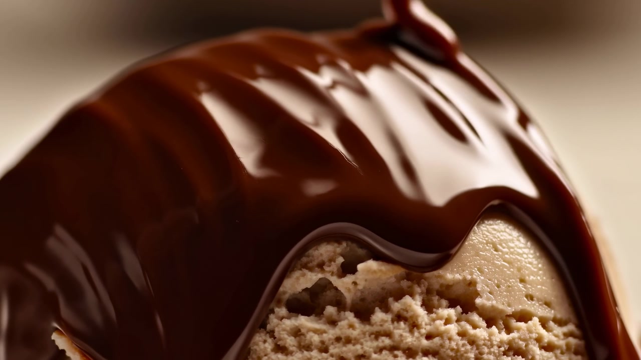 Primo piano: salsa al cioccolato che cola sul gelato, rivestimento vellutato e lucido che scende sulla pallina cremosa, ripresa ad alta velocità.
