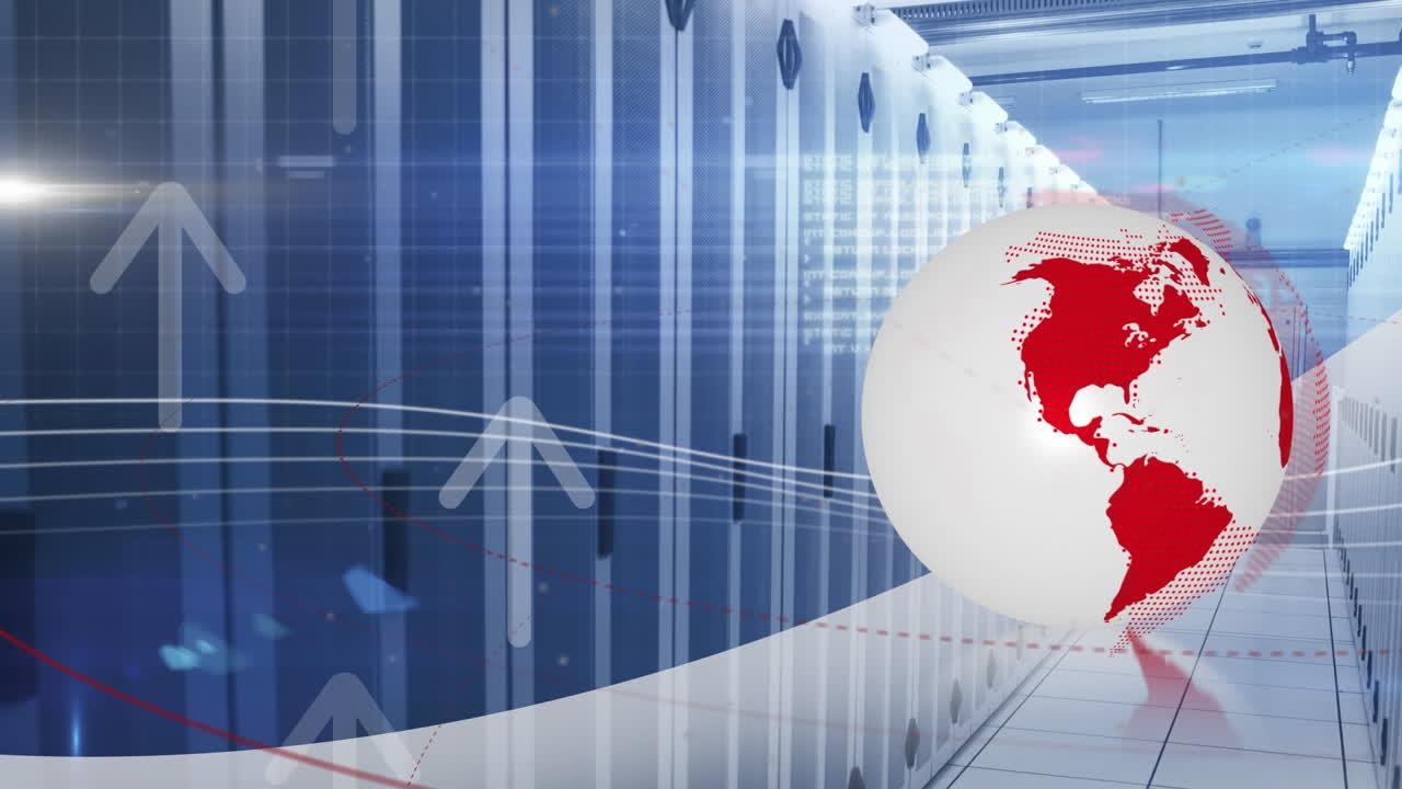 データ処理のアニメーションとサーバールーム上のグローブ