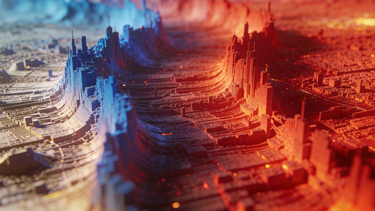 Sliding camera revealing central abstract terrain in close chip landscape, showing glowing nodes