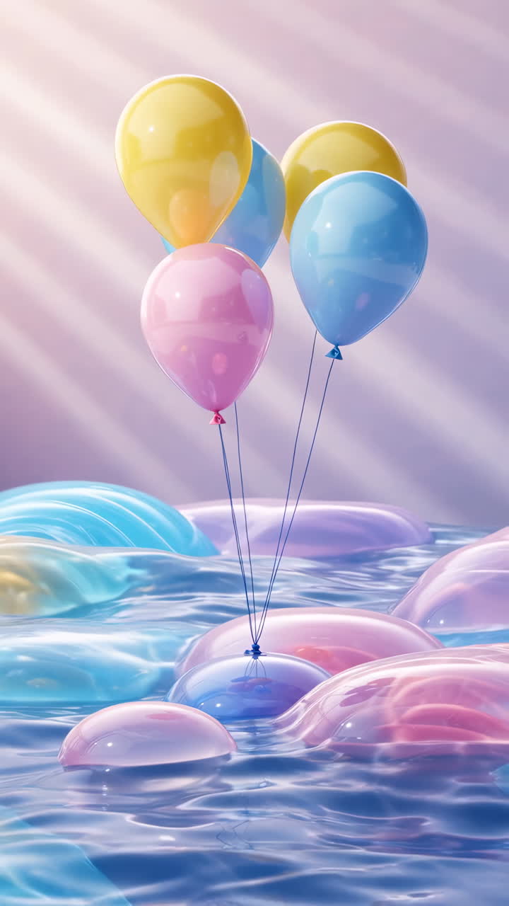 Palloncini pastello che galleggiano su una superficie liquida iridescente
