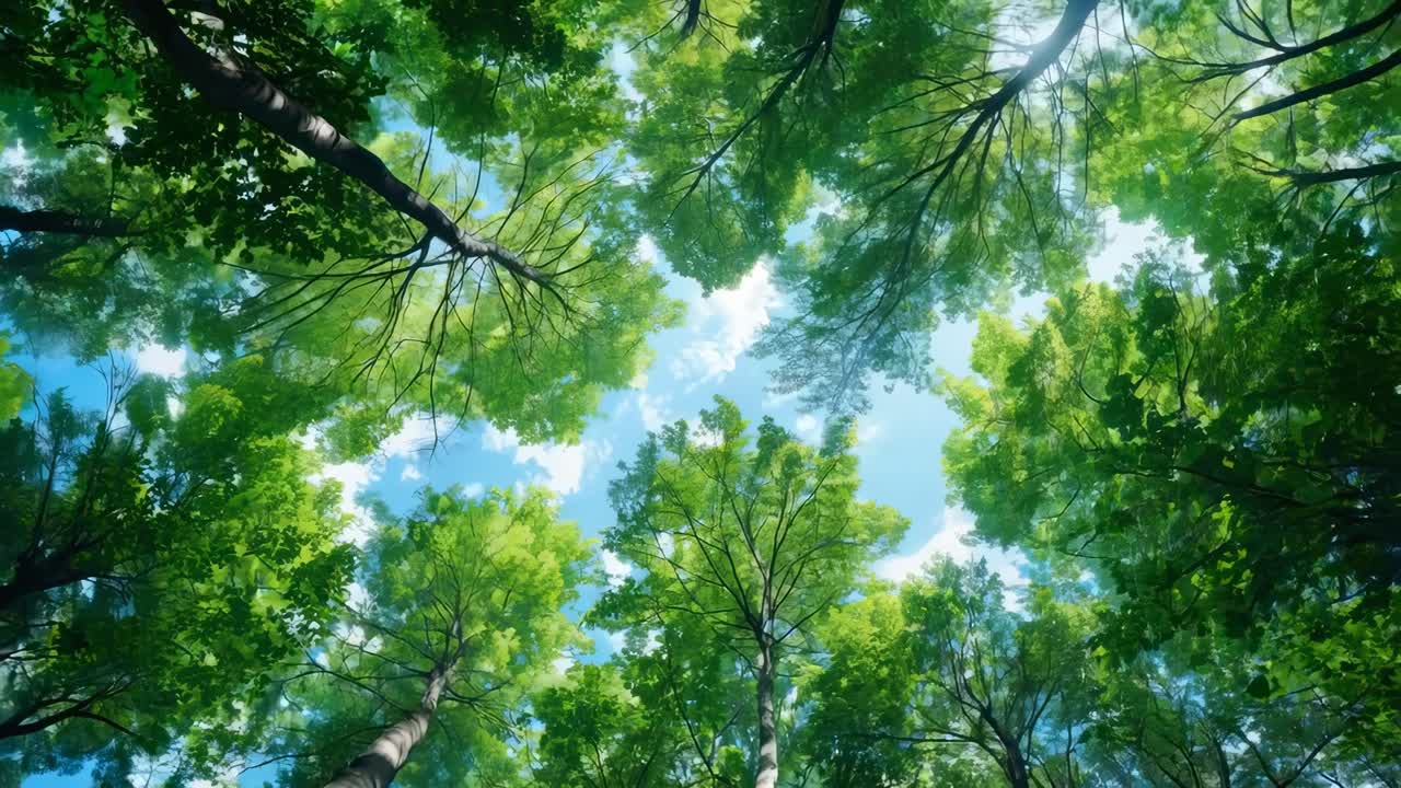 Video concept of nature's tranquility with a worm's-eye view of lush green trees against a blue sky