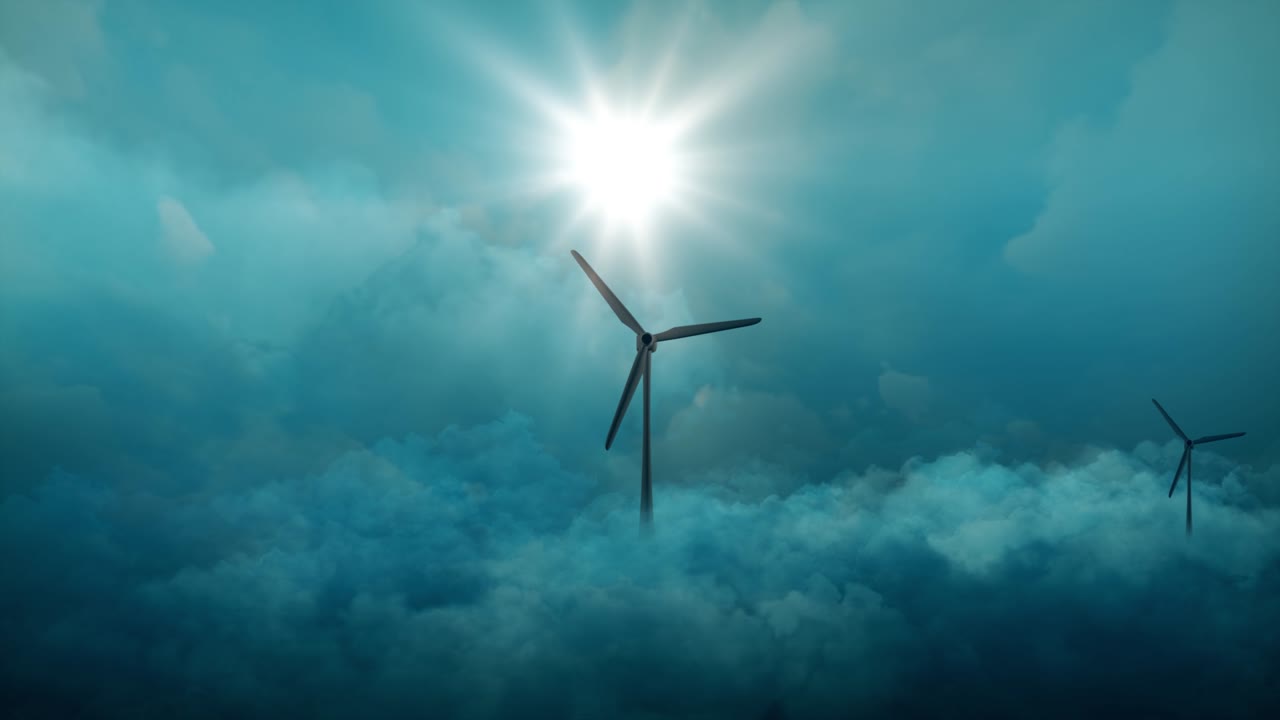 nubes del cielo parques eólicos turbinas eólicas que generan electricidad energía eólica bucle de animación de fondo.