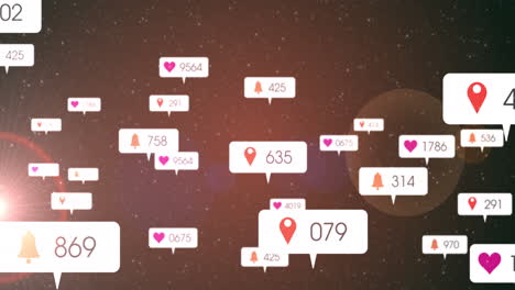 animación de iconos y números de redes sociales en banderas blancas sobre estrellas en un cielo brillante