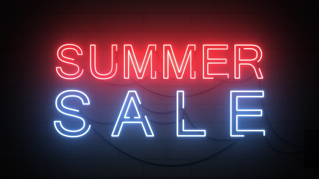 tienda de descuento de verano señal de color neón rojo y azul en animación de fondo de pared de ladrillo.