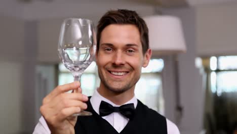 handsome waiter polishing wine glass