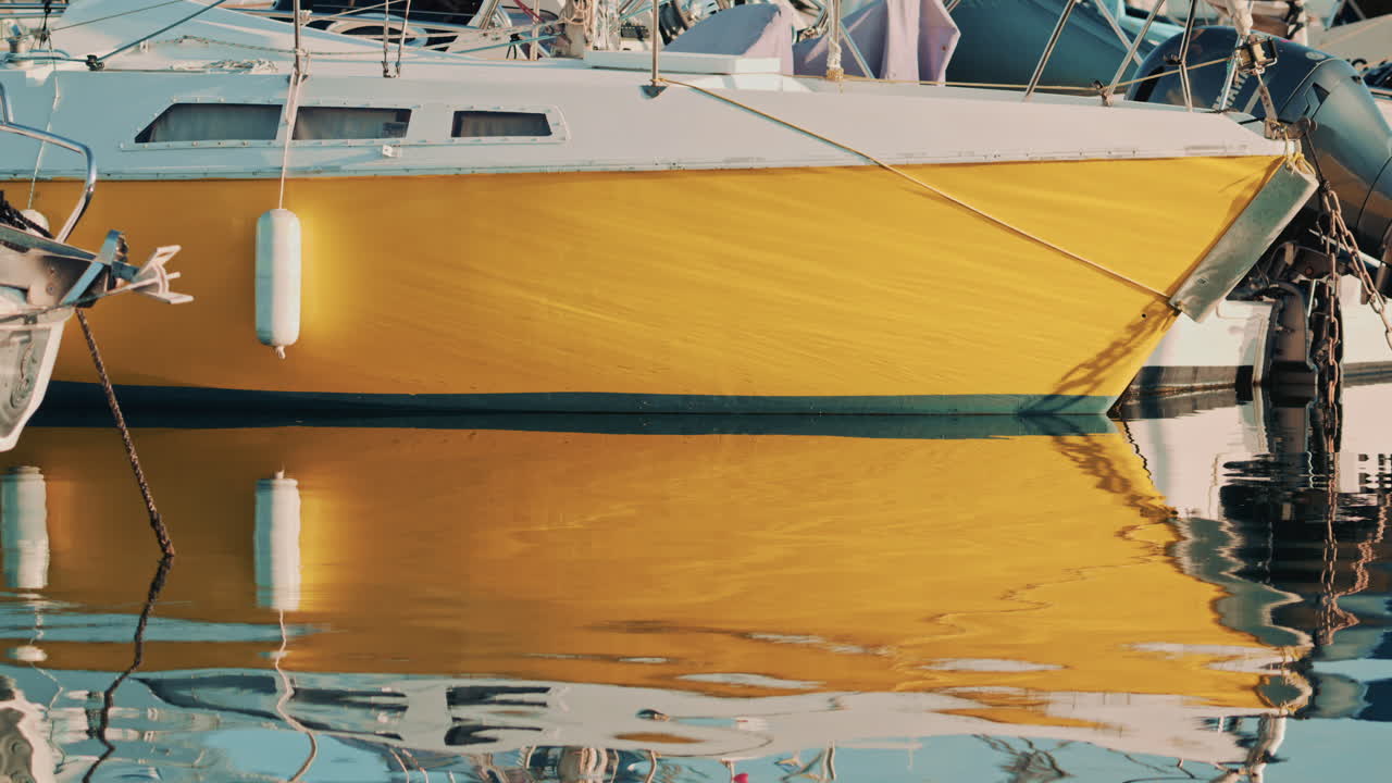 White and yellow boat docked with its reflection in the marina