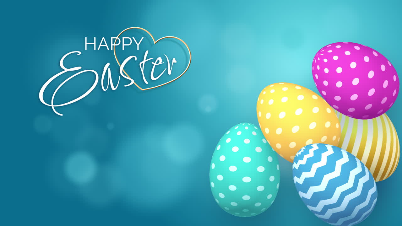 Happy Easter inscription on blue background with bokeh. Festive Easter colored eggs with patterns. Video motion graphic animation.