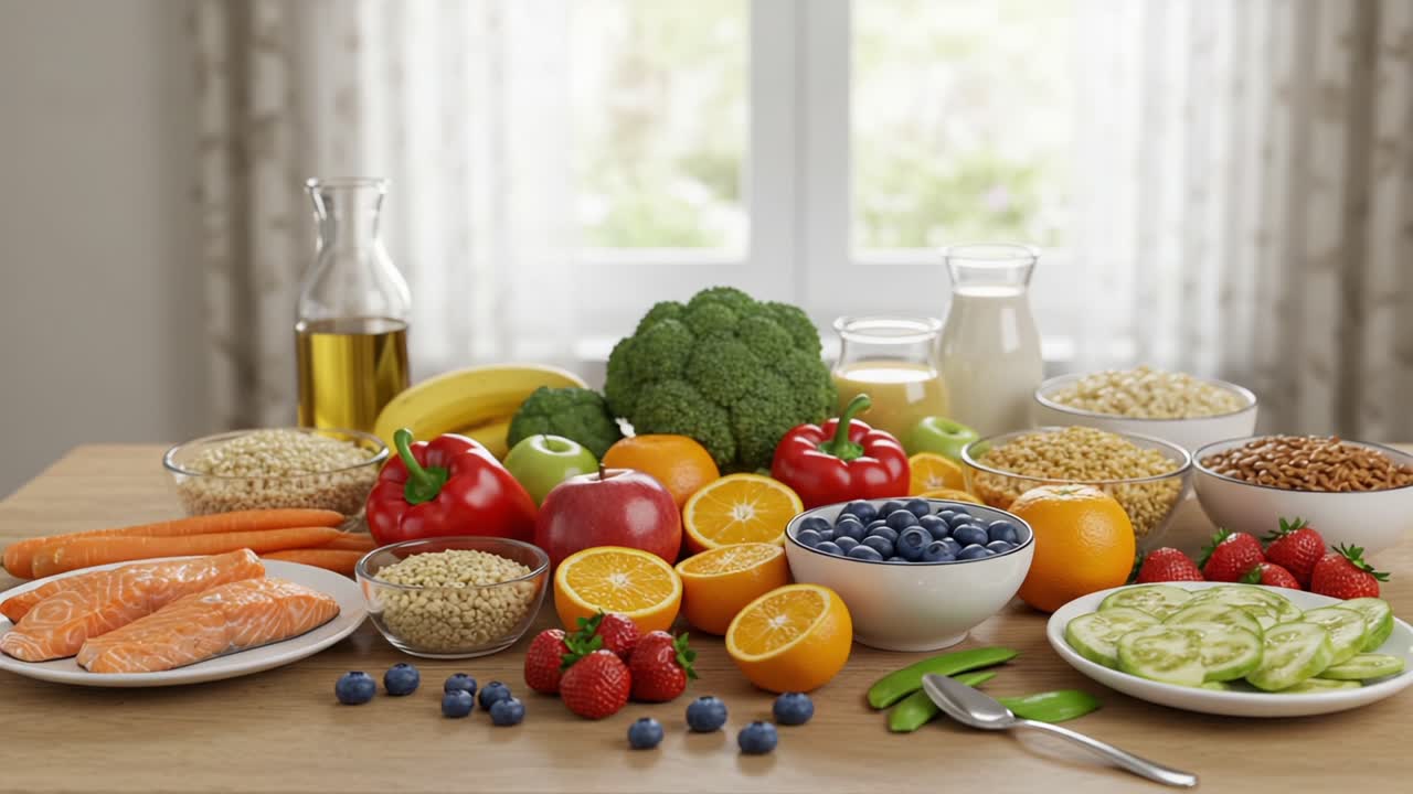 A Vibrant Display of Fresh Foods: A Bountiful Spread Featuring Fruits, Vegetables, Grains, and Healthy Proteins Perfect for Nutritious Meals