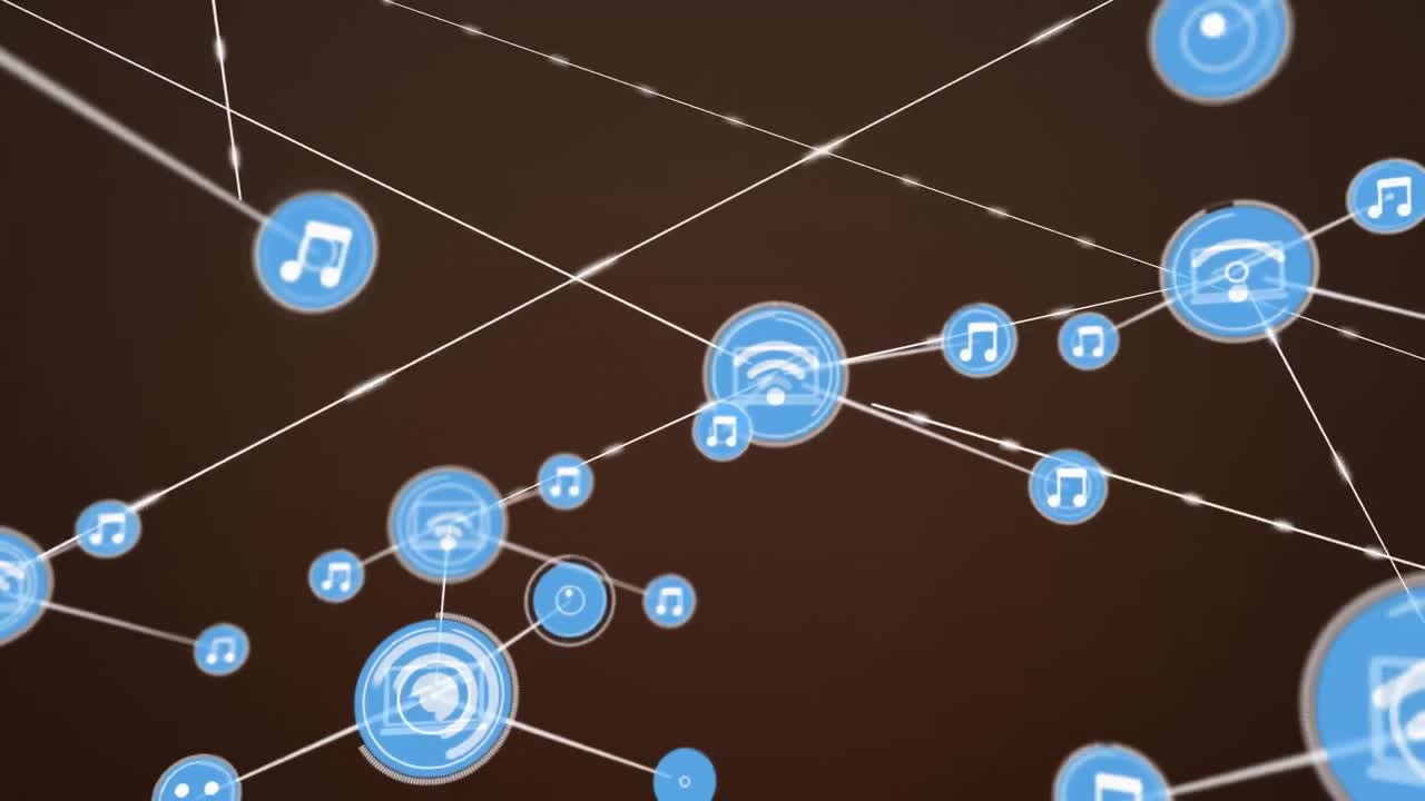 animación de la red de conexiones con iconos sobre fondo negro