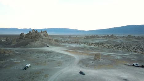 camping in california desert landscape in eastern sierra mountains, aerial drone