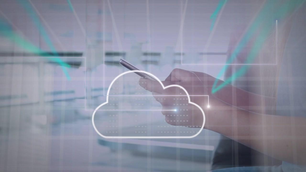 Business woman tapping smartphone screen, initiating cloud sync while data panels, lines converging