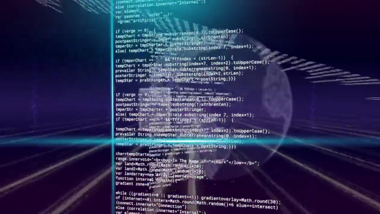 Data burst starting holo globe code column scrolling UI panels moving collecting analysing data