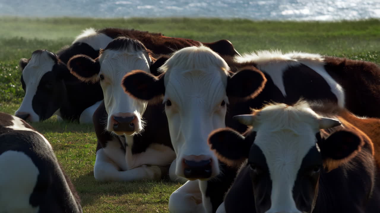 Cows Resting in a Grassy Field by the Water