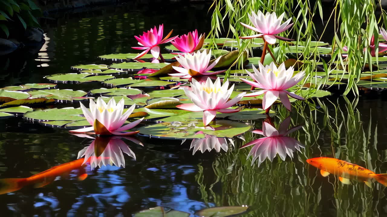 Vibrant Water Lilies and Koi Fish in a Serene Pond