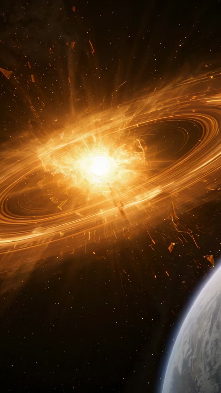 Vertical video: Flash igniting glowing ring rotating in space by rocky planet scattering debris