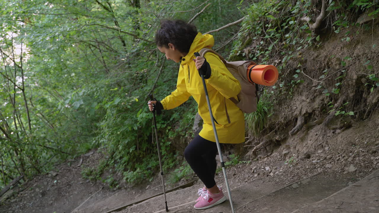 mujer caminando arriba en el bosque