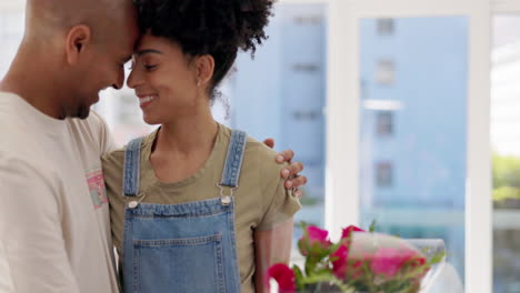 happy couple, love and surprise with flower