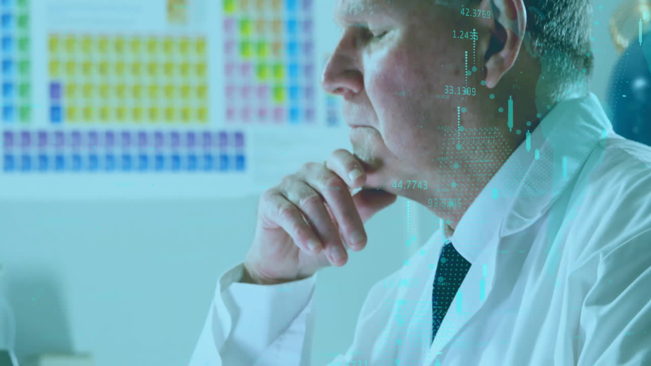 In school lab, scientist in coat analyzing data with periodic table behind