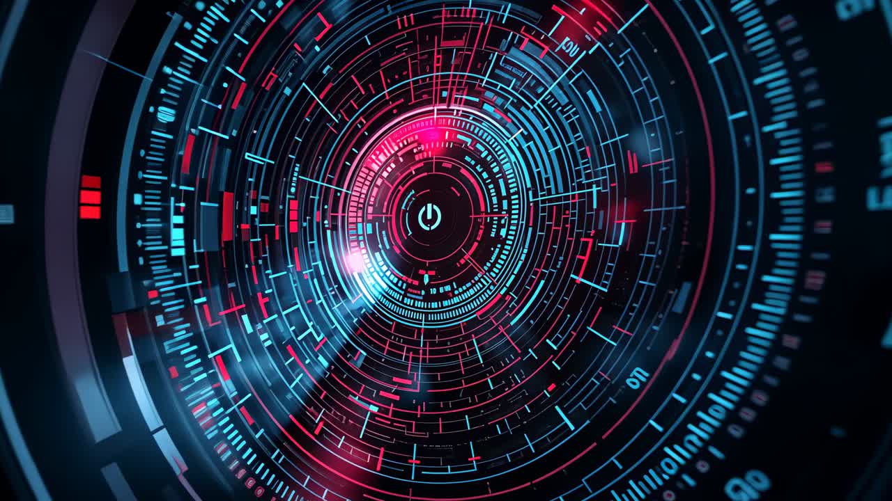 Activating circular display around power icon in dark interface, rotating teal and red segments