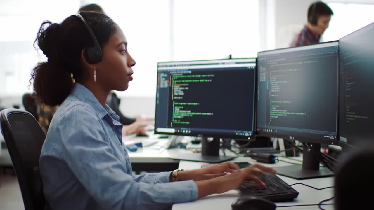In a contemporary workspace, a programmer focuses intently on coding, typing rapidly while wearing headphones. Sunlight fills the room as colleagues engage in background discussions.