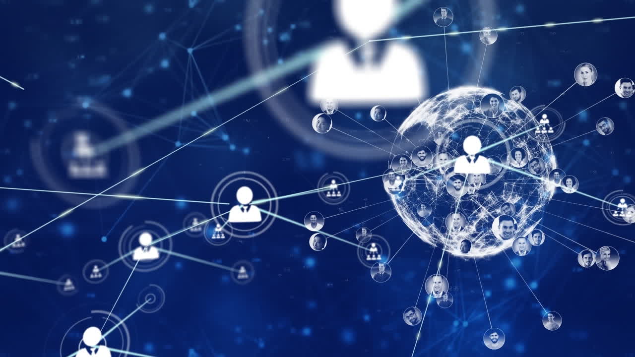 연결된 아이콘의 애니메이션, 파란색 배경에 연결된 점에 대한 전 세계 프로필 아이콘