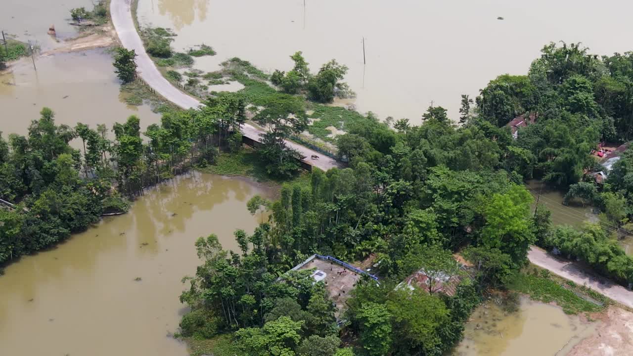 Rural Village Submerged in Floodwater After Heavy Rain. - aerial shot