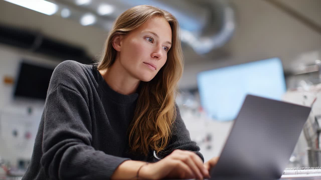 Persona concentrata che lavora su un laptop in uno spazio di lavoro moderno, impegnata in attività digitali e ricerca, circondata da elementi tecnologici che migliorano la produttività e l'innovazione in un ambiente professionale