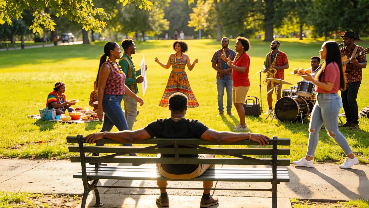 Uomo seduto su una panchina del parco che osserva una donna alzare le braccia, una folla celebra il Juneteenth con un cartello.