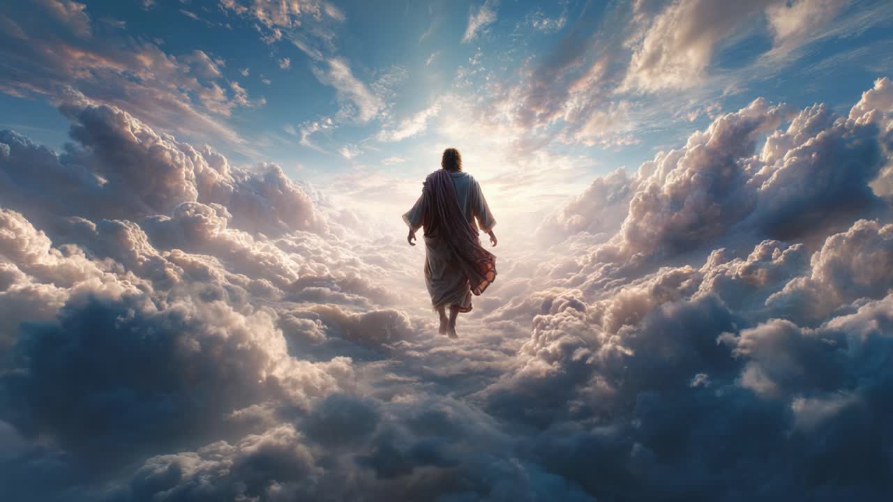 Una Figura Divina che Cammina Attraverso Nuvole Radiose, Sottolineando Spiritualità e Trascendenza in un Cielo Etereo Pieno di Colore e Luce