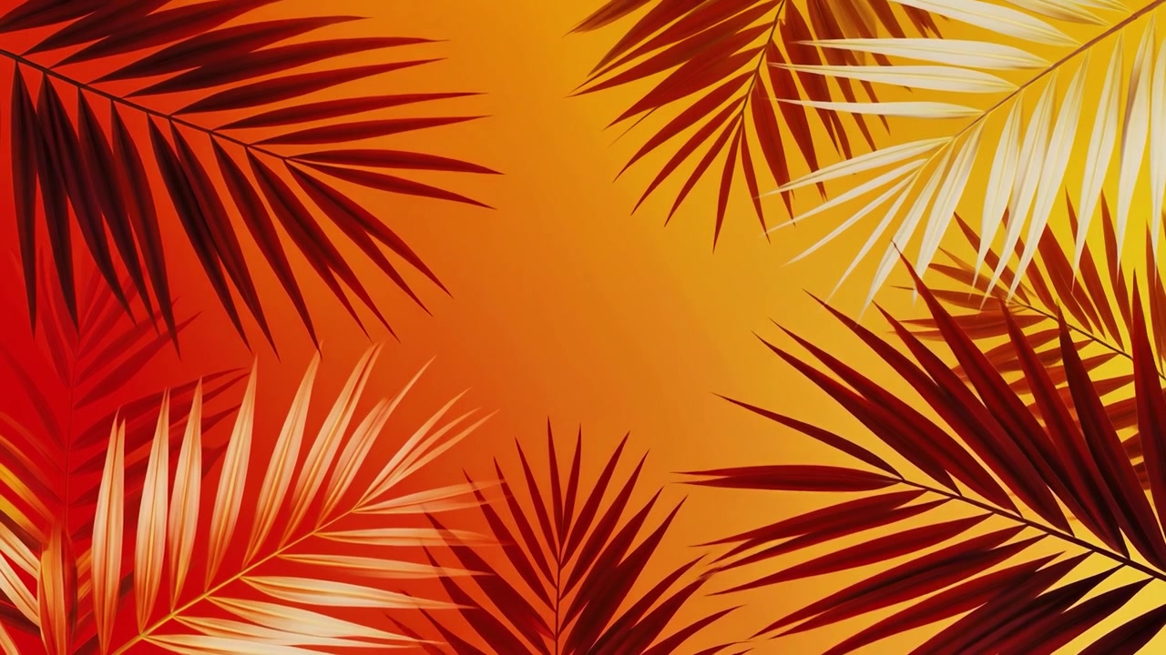 Tropical Palm Leaves Silhouette Against Vibrant Orange Sunset Background