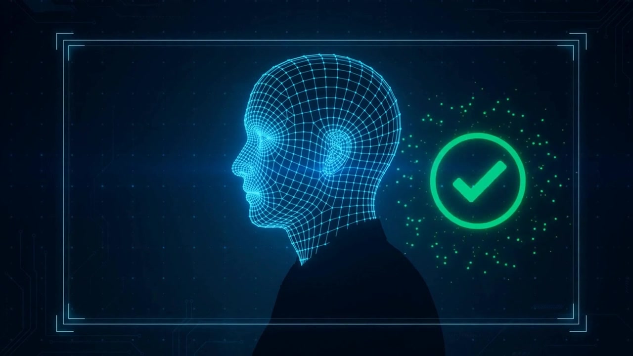 Profile Head Silhouette Transforming Into Glowing Blue Wireframe Mesh Inside Frame