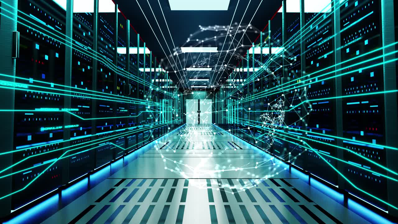 Digital hologram earth sphere globe spinning network communications connections growing data center