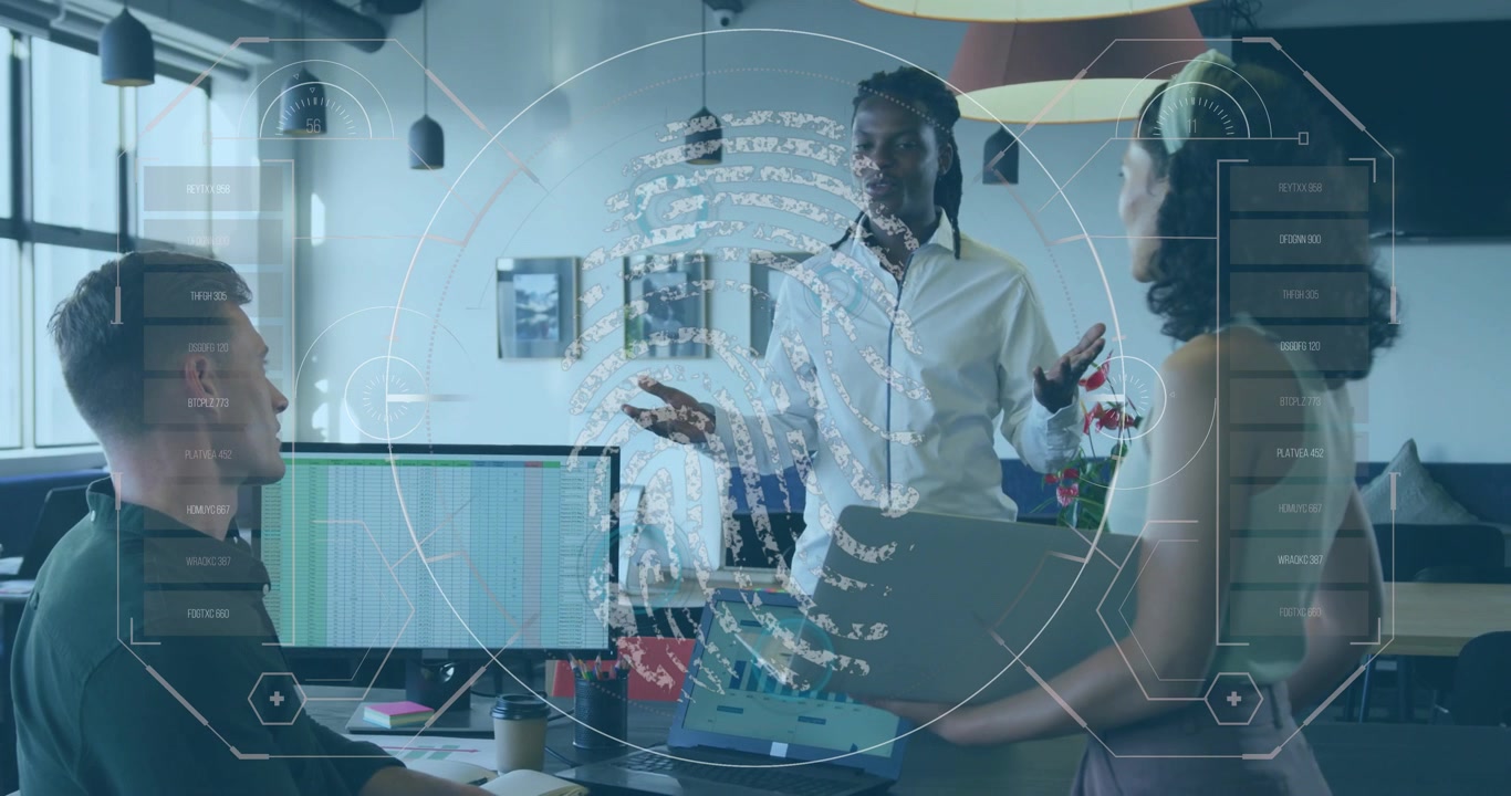 Presenter speaking activating HUD ring and fingerprint forming around them showing business charts