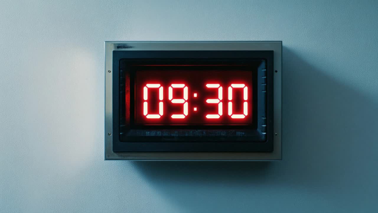 Close-up shot of a digital wall clock displaying 09:30. The minimalist style and straight-on angle