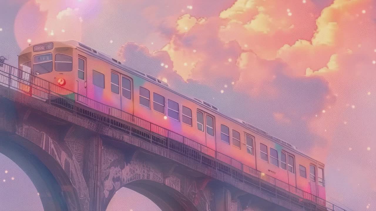 A dreamy, pastel-colored video scene of a train crossing a bridge, captured from a low angle