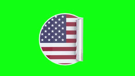 usa united states circular sticker on green screen. american flag label adhesive fold roll and unrolling on chroma key. decal in animation 3d